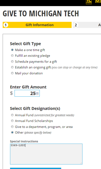 Sample donation form. Enter 3369-LSSI in the special instructions box.