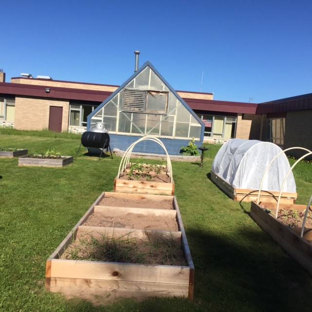 Garden beds and green house.